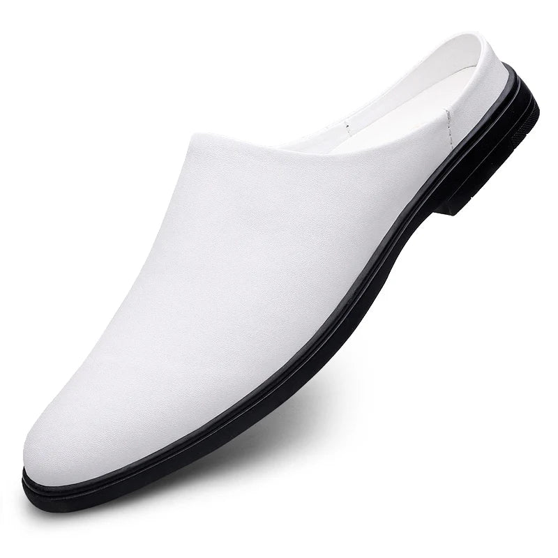 Summer Fashion Half Shoes Men Casual Comfortable Leather Shoes Half Slippers Solid White Slip On