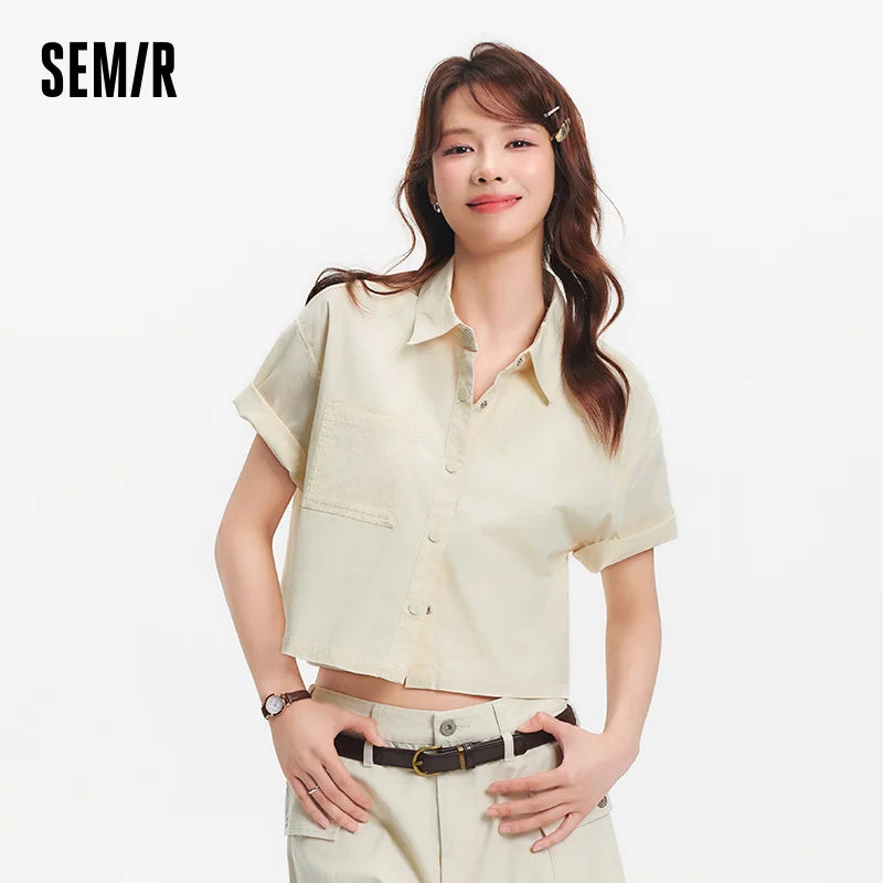 Semir Womens Shirt 2026 Short Sleeve Solid Loose Texture Lapel Tops Urban Workwear Style Casual Soft Comfortable Daily Wear