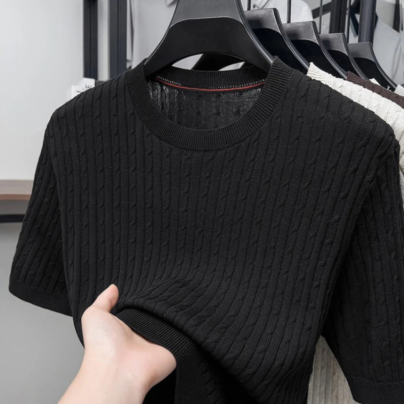Men's Summer Short Sleeve Knitted Sweater | Linen Blend Crew Neck | Lightweight Breathable Jacquard T-shirt
