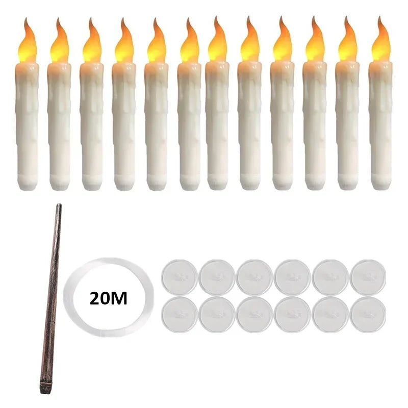 Floating Candles with Wand 8/12PCs Magic Hanging Candles Flickering Warm Light Flameless Floating LED Candle Halloween Decor