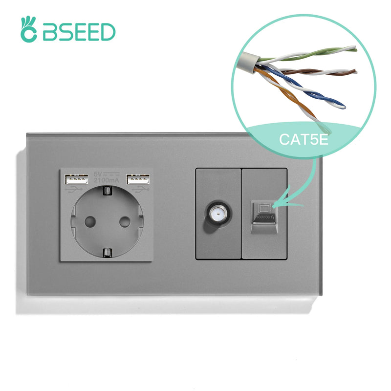 BSEED Double EU Standard Wall Plug 16A 100-250V With CAT5 Computer Network Power Sockt Satellite Antenna Outlet 157*86mm