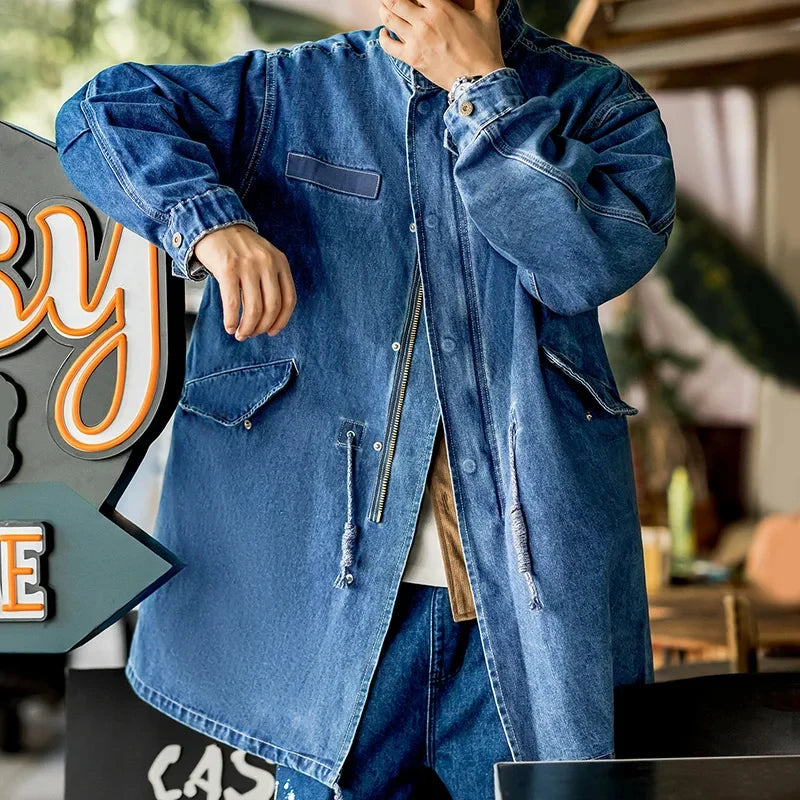 អាវធំ Maden American Retro M65 Denim Fishtail រលុង អាវធំសម្រាប់បុរស អាវធំរដូវស្លឹកឈើជ្រុះ អាវក្រៅធម្មតា