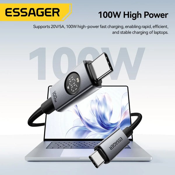ខ្សែសាក Essager 100W Type C ទៅ Type C PD Fast Charging Cable សម្រាប់ Macbook iPad iPhone 17 16 Pro Max Digital Display Data Cord Wire