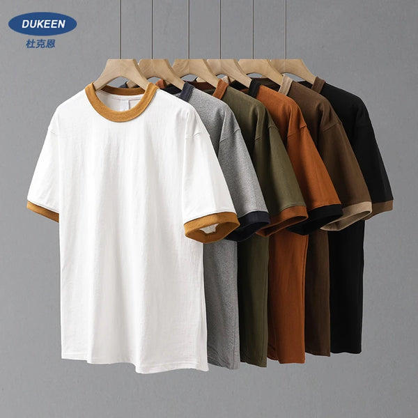 DUKEEN 320G Heavyweight Color-Blocked Patchwork Men's T-Shirt Summer 100% Cotton Solid Color Short Sleeve Basic Tops