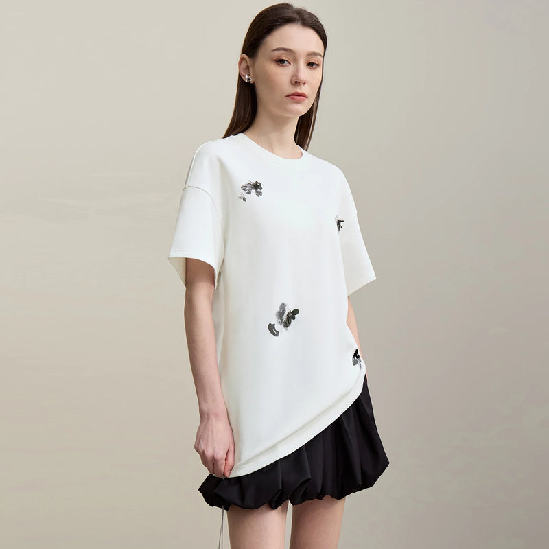 Amii Women's T-Shirt 2026 Summer New Drop Shoulder Printed Air Layer Stretch Tee Shirt Beaded Loose Casual Top Women 12642067