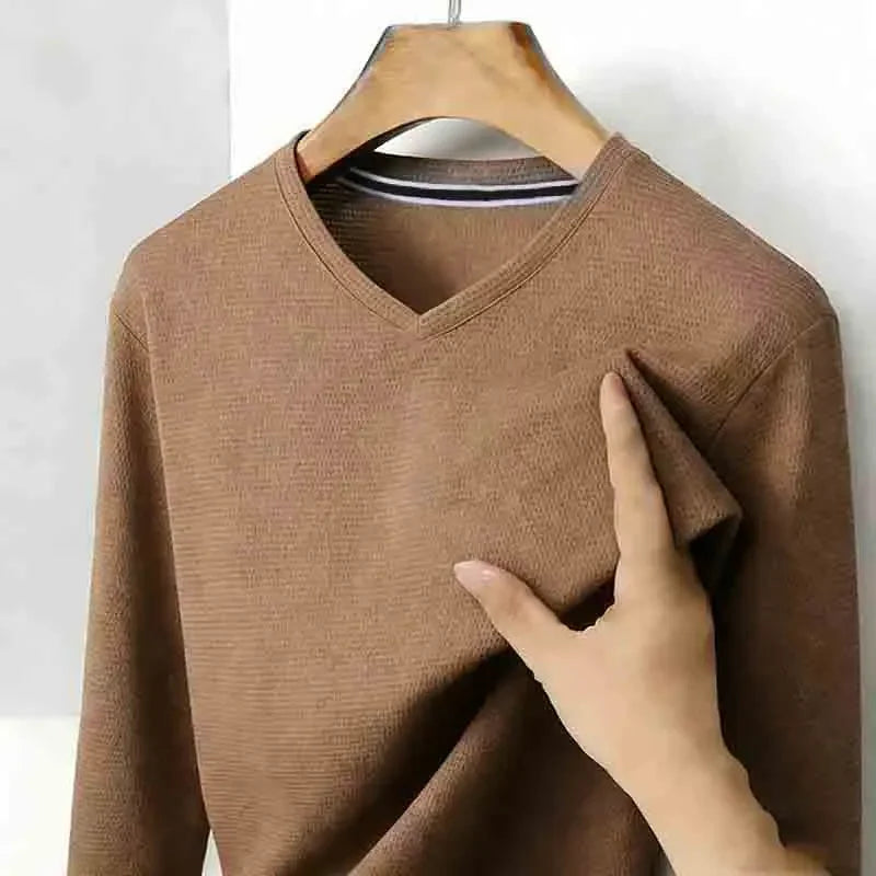 2026 New Men's Brown V-neck Long Sleeve Shirt Casual Business Commute Top for Office