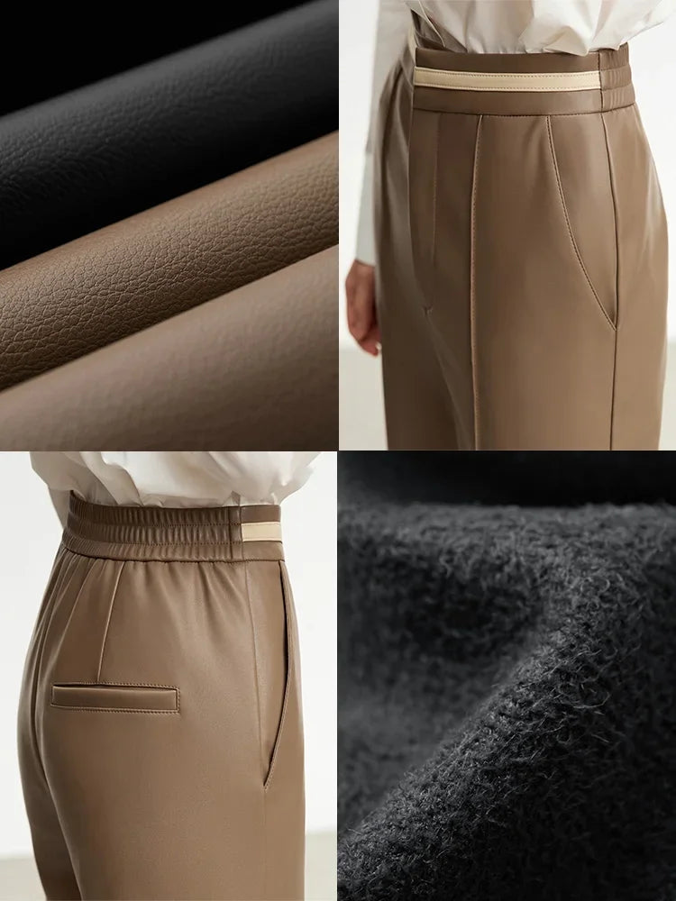 ខោ Amii 2026 រដូវរងាសម្រាប់នារី ធ្វើពីស្បែក PU ពណ៌ផ្ទុយគ្នា ខោធម្មតា ជើងទម្រ ជើងទម្រ រាងសាជី រាងប្រាំបួនចំណុច 12454044