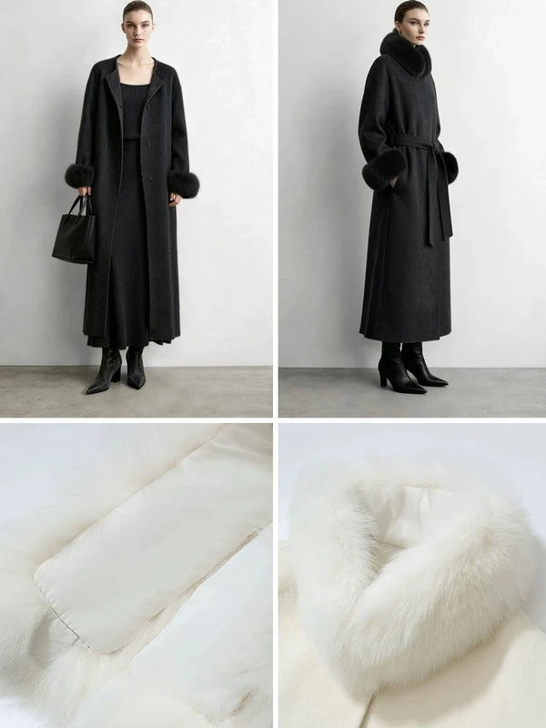 Amii Double-Faced Wool Long Coat Detachable Fur Collar Belted Lapel Commuter Minimalist 2026 Women Winter Coat 12654020