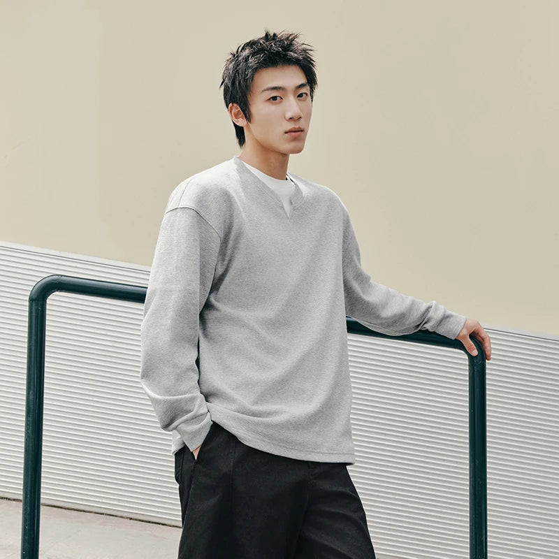 Semir Men Tshirt Long Sleeve Relaxed Small V Neck Basic Slight Loose Crew Neck Casual Autumn Top Daily Wear 2026