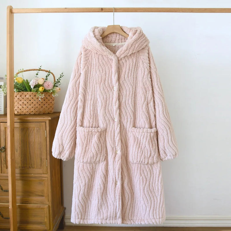 Flannel Thickened Robes for Woman Sleepwear Winter New Coral Fleece Bathrobe Female Loungewear Ladies Hooded Dressing Gown