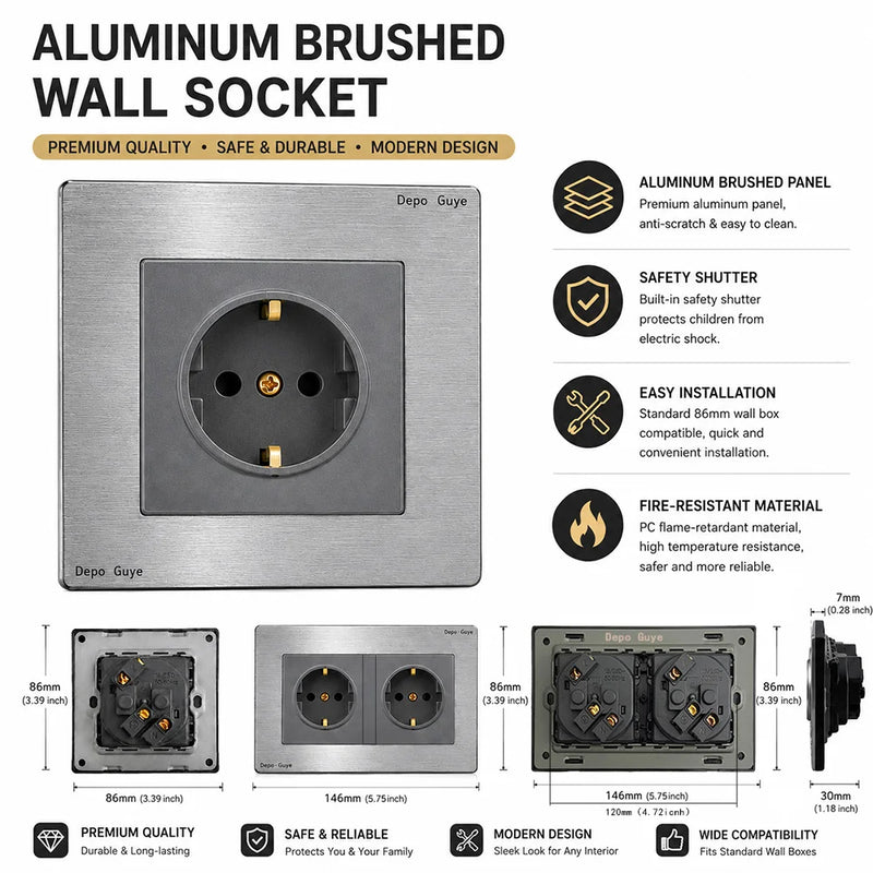 Metal grey Eu wall light switch,Stainless steel universal usb rechargeable electrical socket,220V dimmer speed control switch