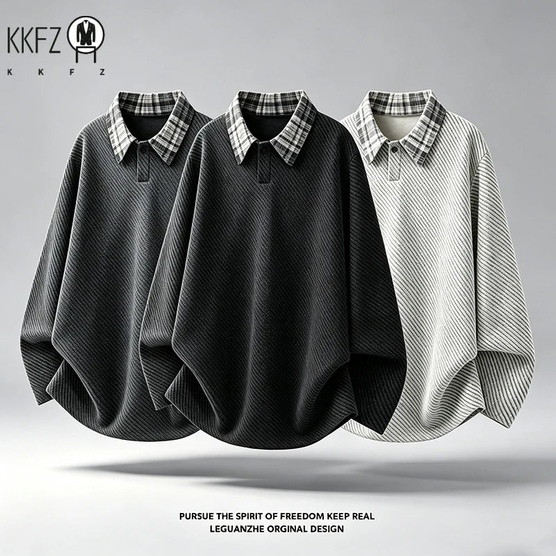Autumn Mens Loose V Neck Corduroy Top Long Sleeve Plaid Contrast Collar Textured Material Casual Garment