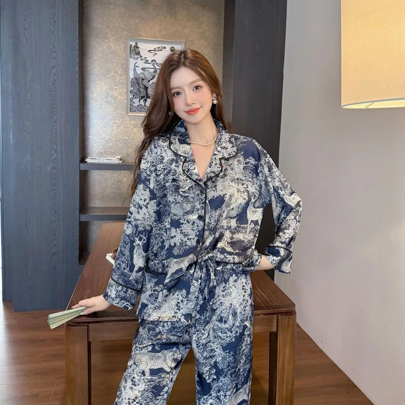Ice Silk 2 Piece Set Pajama Sleepwear Woman Lapel Button Cardigan Night Wear Female Nightwear New Long-Sleeved Pajamas For Lady