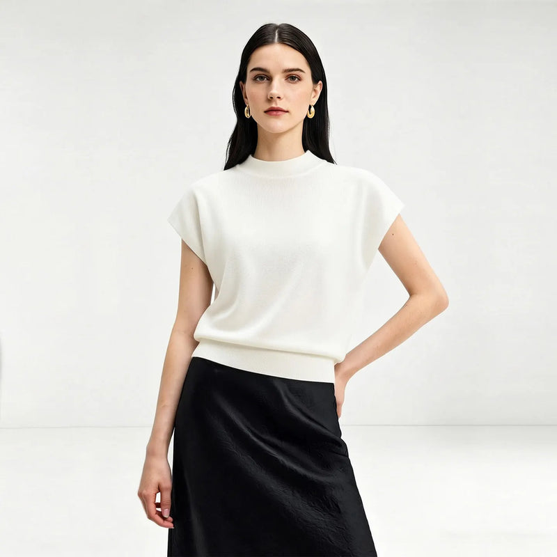 Amii 2026 Summer New Women Mock Neck Knit Pullover Soild Cropped Short Sleeves Top Slim Fit Casual Elegant Sweater 12622210