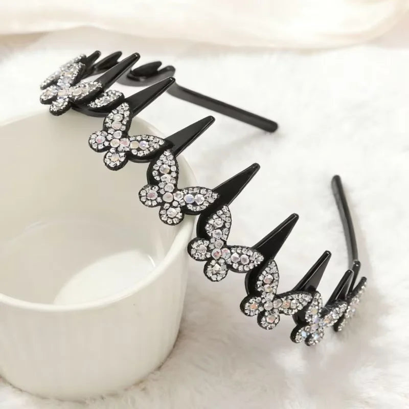 Rhinestone Butterfly Wavy Headband Fashion Sparkling Korean Style Anti-slip Toothed Headband Face Washing Hair Accessories Women
