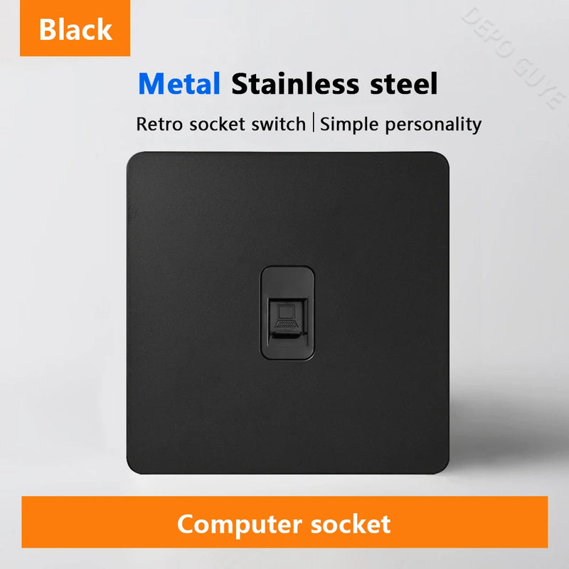 Black Retro Toggle Wall Light Switch Socket,Stainless Steel Universal UK Electrical Outlets with USB Type-C charging For Home