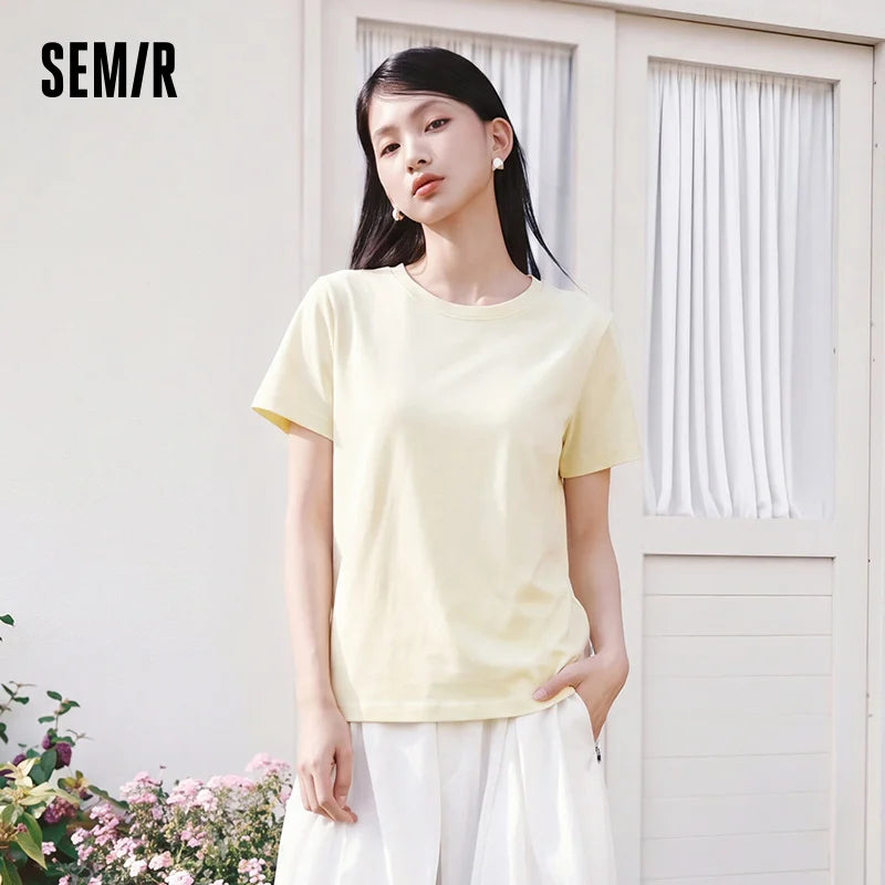 Semir Women Tshirt Solid Color Slim Fit Crew Neck Short Sleeve Summer 2026 Versatile Casual Everyday Fashion Top