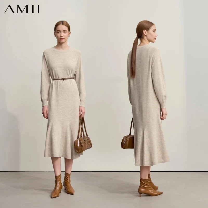 Amii Minimalist Midi Dresses 2026 Winter New Loose Elastic Long Sleeves Trumpet Skirt Casual Elegant Dresses For Woman 12544169