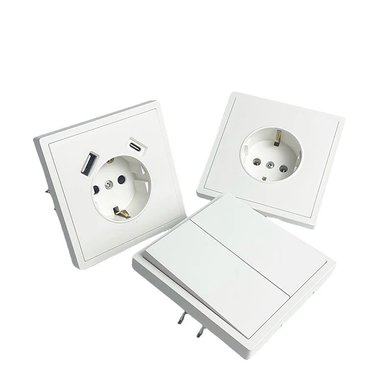 European Wall Socket EU Outlet, USB Type-C Charging Ports, 1/2 Gang Light Switch, 16A 250V, Flush Mount, White Panel, 80×80mm