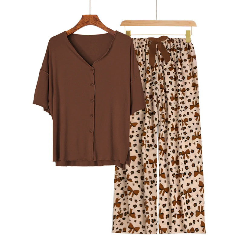 new Summer pajamas set Short sleeve Home suit for women pajama Short Sleeve+Pants Two Piece Thin night wear female nightwear