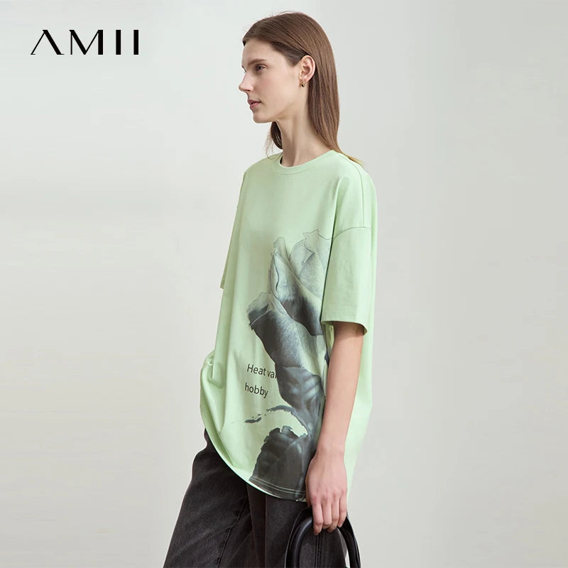 អាវយឺត AMII រដូវក្តៅបោះពុម្ពសម្រាប់ស្ត្រីឆ្នាំ ២០២៥ អាវកមូលដៃខ្លីធម្មតាសម្រាប់ស្ត្រីម៉ូដថ្មីស្មាទម្លាក់អាវរលុង 12522006