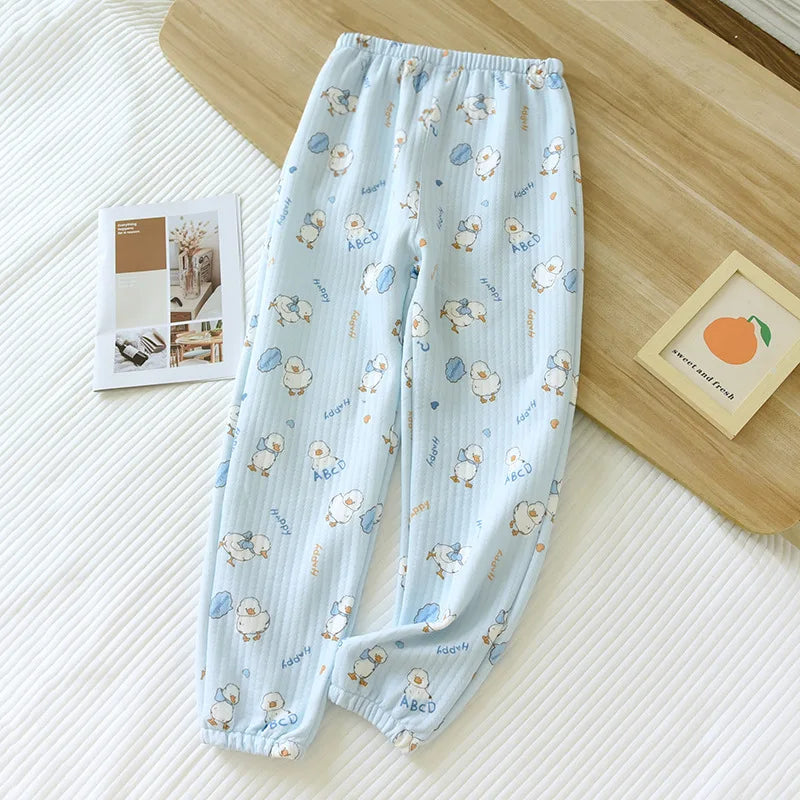 Pure Cotton Air Layer Pajama Pants For Women Autumn Winter Warm Thickened Sleepwear Pantalones Loose Printed Female Pijama Pants
