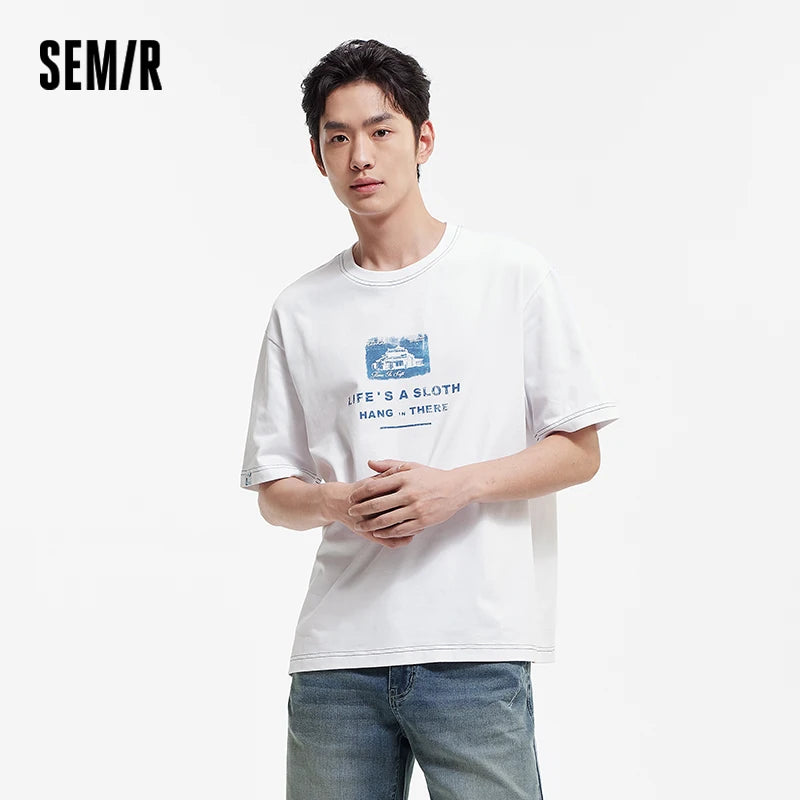 Semir Mens Tshirt 2026 Pure Cotton Letter Printed Knitted Loose Crew Neck Casual Style Soft Daily Wear