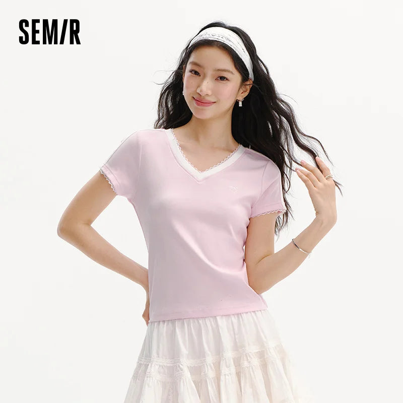 Semir Women Tshirt Cool Feeling Cropped Lace V Neck Slim Contrast Short Sleeve Summer 2026 Casual Fashion Style Top