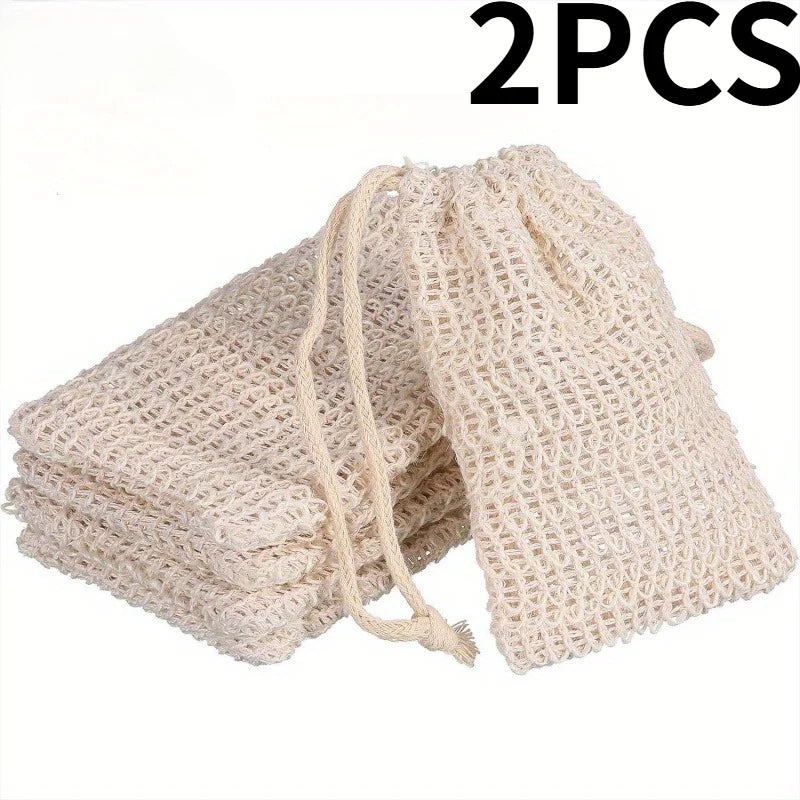 2pcs Sisal Soap Saver Pouch with Drawstring And Wooden Bead - Foaming And Drying Shower Bag for Bathroom Accessories
