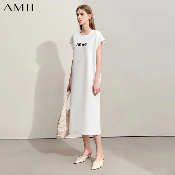 រ៉ូប Amii Minimalism 2026 សម្រាប់ស្ត្រីរដូវក្តៅថ្មីធម្មតា O-Neck ដៃអាវខ្លី Midi ត្រង់រ៉ូបប៉ាក់អង្កាំសម្រាប់ស្ត្រី 12442004