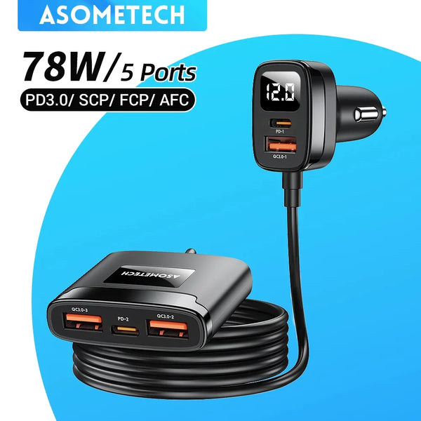 ឆ្នាំងសាករថយន្ត 5 ក្នុង 1 78W PD 3.0 QC 3.0 SCP សាកលឿន USB Type C ឆ្នាំងសាករថយន្តលឿនសម្រាប់ iPhone 13 14 Pro Samsung Huawei