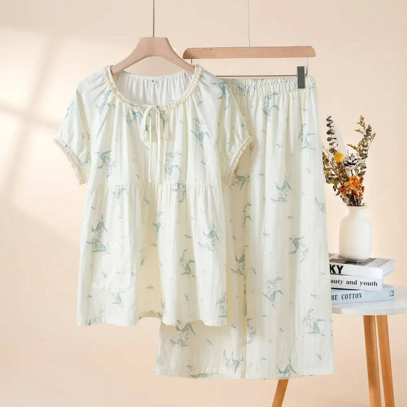 Summer Short Sleeve Sleepwear Loungewear Sets Women Pajama Home Wear Pijama Suit 2026 New Floral Night Wear Ladies Pyjama Set