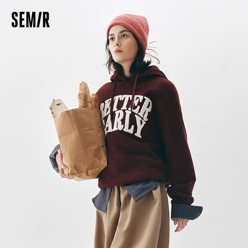 Semir Women Hoodie Fleece Lined Letter Graphic Hooded Design Street Style 2026 Winter Warm Layer Everyday Wear Soft Comfort
