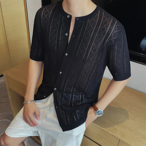 Men's Linen Blend Short Sleeve Knit Cardigan – Breathable Hollow-Out Stand Collar Top with Relaxed Fit for Casual & Outdoor Wear