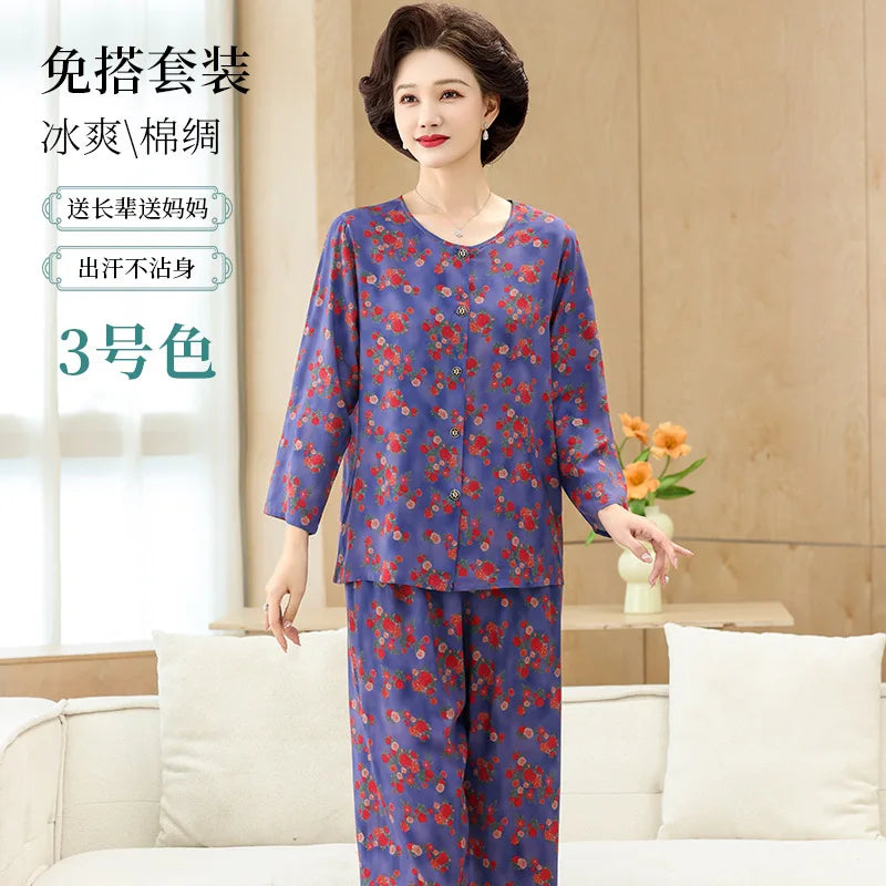 Middle-aged XL-4XL LARGE Home Wear Nightwear for Women Pajamas Floral Spring New Long Sleeve Pyjamas Set Woman Night Clothes