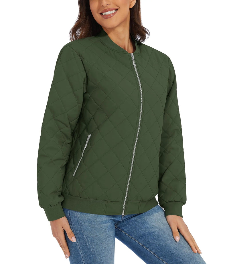 TACVASEN Women Casual Warm Diamond Quilted Jackets Jackets Full Zip Padded Classic Biker Jacket Winter Coats Streetwear Outwear