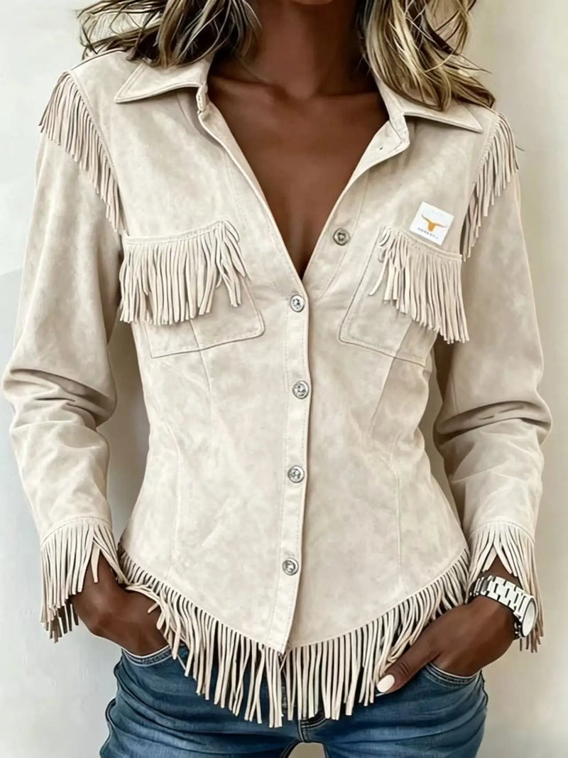 Women's Brown Long-sleeve Collared Shirt with A Slight Stretch, Made of Corduroy Fabric; Available in White or Gray.
