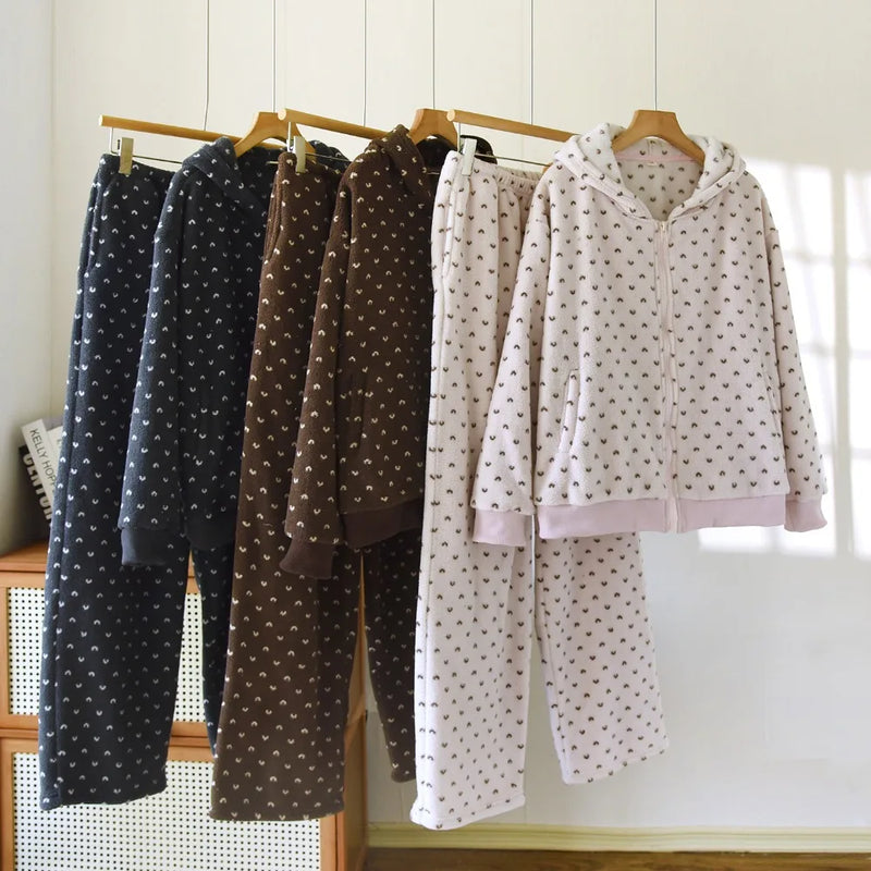 Women's Pajamas Hooded Zipper Thickened 2 Piece Sets Pyjamas Woman Sleepwear for Winter Flannel Ladies Loungewear Suit Pijama