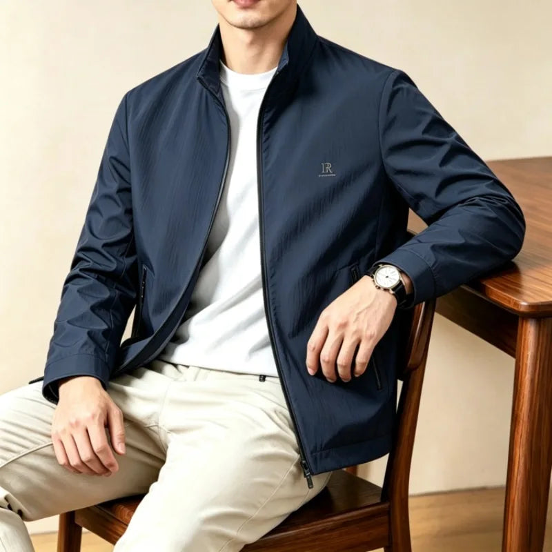 Men's Stand Collar Full Zip Jacket – Lightweight Casual Business Windbreaker with Zipper Pockets, Old Money Style