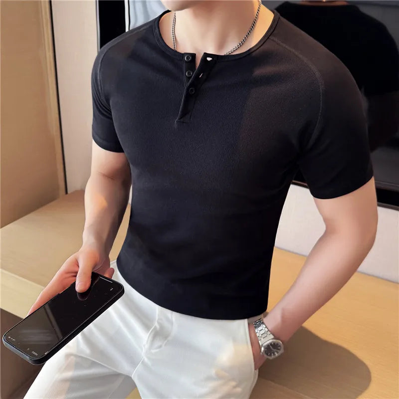 Men's Slim Fit Henley T-Shirt - Summer Short Sleeve Rib Knit Gym Workout Top | Stretchy Bodybuilding Muscle Tee for Fitness