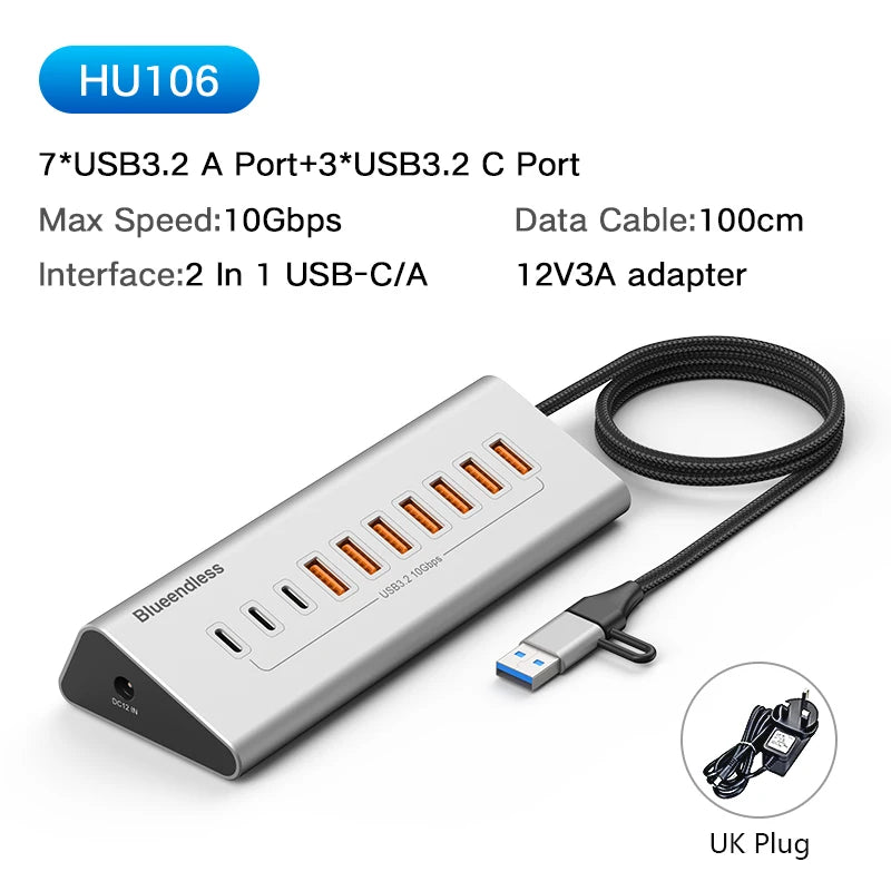 ស្ថានីយ៍ចត HUB អាលុយមីញ៉ូម Blueendless 10Gbps USB3.2 Gen2 4/10 រន្ធ USB-C USB-A ប្រភេទ C ឧបករណ៍បំបែកសម្រាប់កុំព្យូទ័រកុំព្យូទ័រយួរដៃ macbook