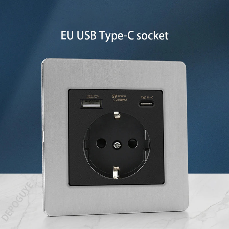 Wall Light Toggle Retro Switch Panel 1-4 Gang 2 Way EU Silver Gray Brushed Stainless Steel Antique Switch Outlet with USB Chargi