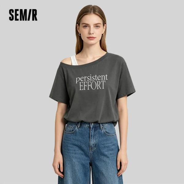 អាវយឺតស្ត្រី Semir ឆ្នាំ ២០២៦ ខ្លីរាងជារង្វង់អក្សរធំពីរដុំស្មារាងចតុកោណកែងទាន់សម័យស្លីមសមធម្មតា