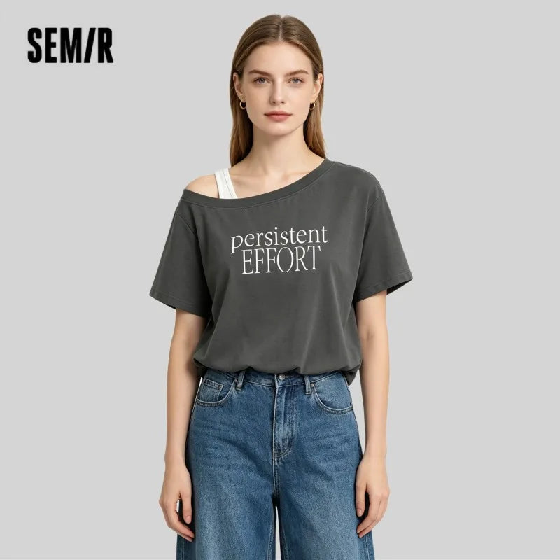 Semir Womens Tshirt 2026 Short Ruffle Oversized Letter Fake Two Piece Oblique Shoulder Stylish Slim Fit Casual