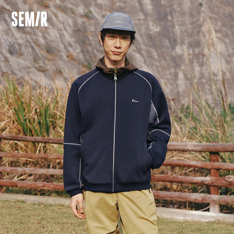 Semir Color Block Jacket Unisex 2026 Spring Knitted Stand Collar Loose Sporty Casual Versatile Fashion Daily Wear Top