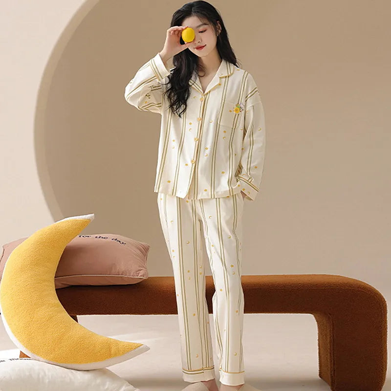 Fashion Printed Women's Pajamas 100% Cotton Long Sleeve Tops Pant Suit Lounge Spring Autumn Home Clothes Big Size Sleepwear