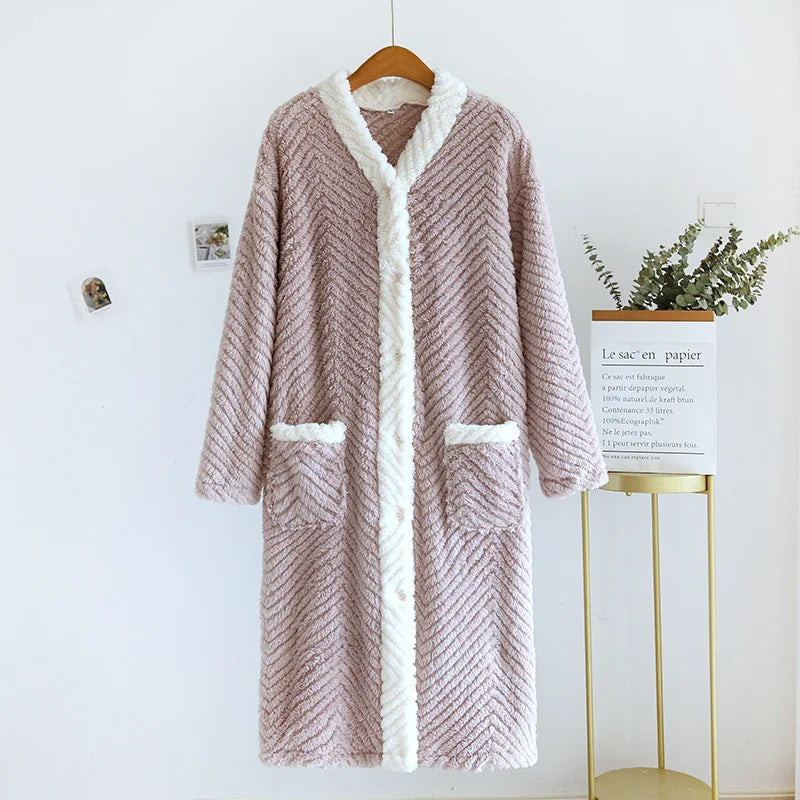 Fall Winter Night Gown Female Coral Velvet Winter Robe Thicken Warm Women Bathrobe Flannel Loose Snow Wear Home Robes Pockets