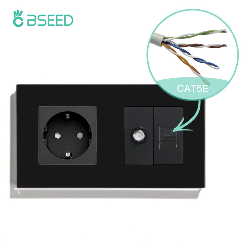 BSEED Double EU Standard Wall Plug 16A 100-250V With CAT5 Computer Network Power Sockt Satellite Antenna Outlet 157*86mm