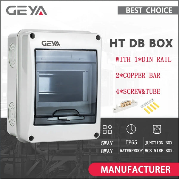 ប្រអប់ចែកចាយអគ្គិសនី GEYA 5/8Ways ការពារទឹកជ្រាប ជាមួយនឹងប្រអប់ខ្សែភ្ជាប់ប្លាស្ទិក MCB សម្រាប់ឧបករណ៍បំបែកសៀគ្វី