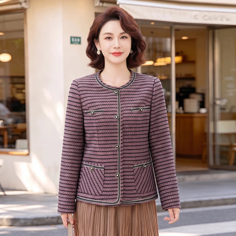 អាវធំ Tweed ឆ្នូតទាន់សម័យសម្រាប់ស្ត្រី កមូល ទ្រូងតែមួយ ហោប៉ៅបំណះ អាវរដូវរងាឆើតឆាយ ទាន់សម័យ